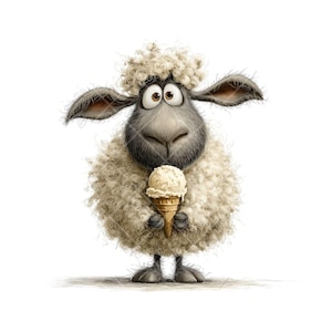 May include: A cartoon sheep with a gray face and ears, large brown eyes, and a fluffy, cream-colored body, holding an ice cream cone. The ice cream is vanilla, in a brown cone. The background is white.