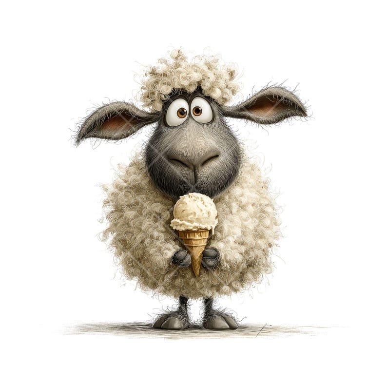 May include: A cartoon sheep with a gray face and ears, large brown eyes, and a fluffy, cream-colored body, holding an ice cream cone. The ice cream is vanilla, in a brown cone. The background is white.