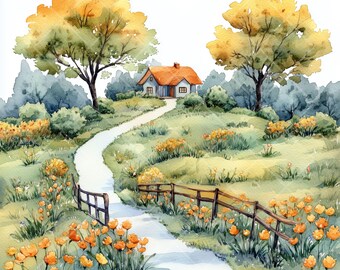 春の風景水彩クリップアート：風光明媚な自然のイラスト（デジタル