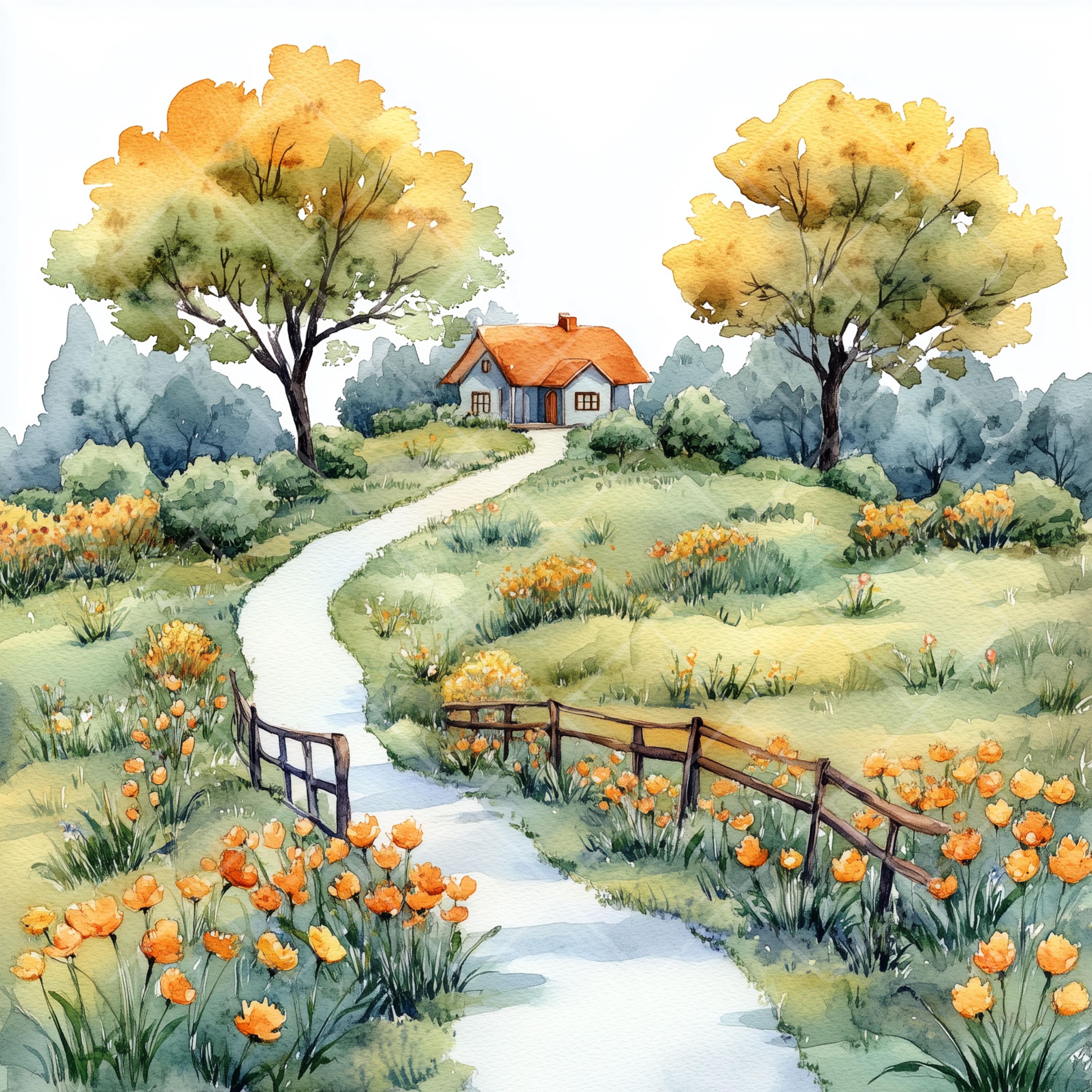 春の風景水彩クリップアート：風光明媚な自然のイラスト（デジタル