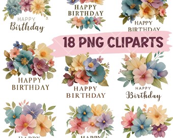 Lot de 18 cliparts d'anniversaire floral aquarelle PNG : motifs de fleurs imprimables (téléchargement numérique)