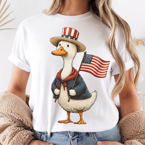 May include: A cartoon illustration of a duck dressed in patriotic attire. The duck wears a top hat with red and white stripes, a blue jacket, and a red scarf. It holds a small American flag, celebrating the Fourth of July.