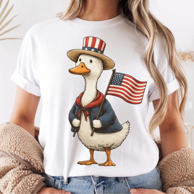 May include: A cartoon illustration of a duck dressed in patriotic attire. The duck wears a top hat with red and white stripes, a blue jacket, and a red scarf. It holds a small American flag, celebrating the Fourth of July.