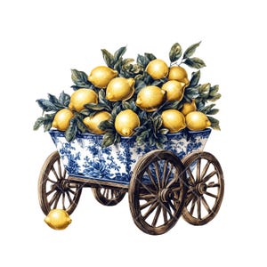 Clipart citron méditerranéen – 18 images PNG en aquarelle avec motif chinois bleu et blanc pour des projets de bricolage vintage élégants, conception de toile