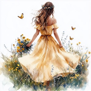 12 femme au champ de fleurs sauvages des cliparts, clipart aquarelle imprimable, fichiers JPG de haute qualité, téléchargement numérique, travaux manuels en papier, journal indésirable
