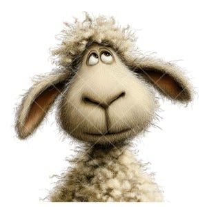 May include: A cartoon illustration of a sheep with a light brown, fluffy coat and a quizzical expression. The sheep has large eyes looking upwards, with large ears and a prominent nose. The artwork is set against a plain white background.