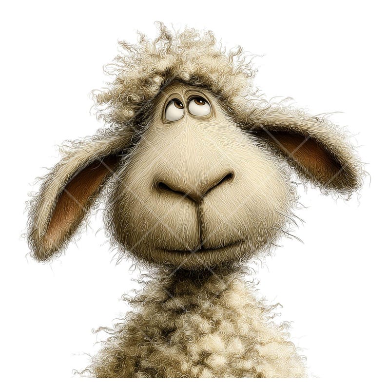 May include: A cartoon illustration of a sheep with a light brown, fluffy coat and a quizzical expression. The sheep has large eyes looking upwards, with large ears and a prominent nose. The artwork is set against a plain white background.