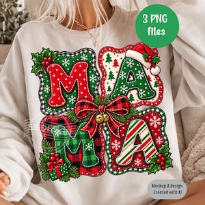 Könnte beinhalten: Ein helles Sweatshirt mit einem festlichen Aufdruck, der das Wort MAMA in großen, gemusterten Buchstaben zeigt. Das Design umfasst rot-grüne Karos, Punkte, Zuckerstangenstreifen, Stechpalmenbeeren, Schneeflocken, eine Weihnachtsmannmütze und eine rote Schleife.