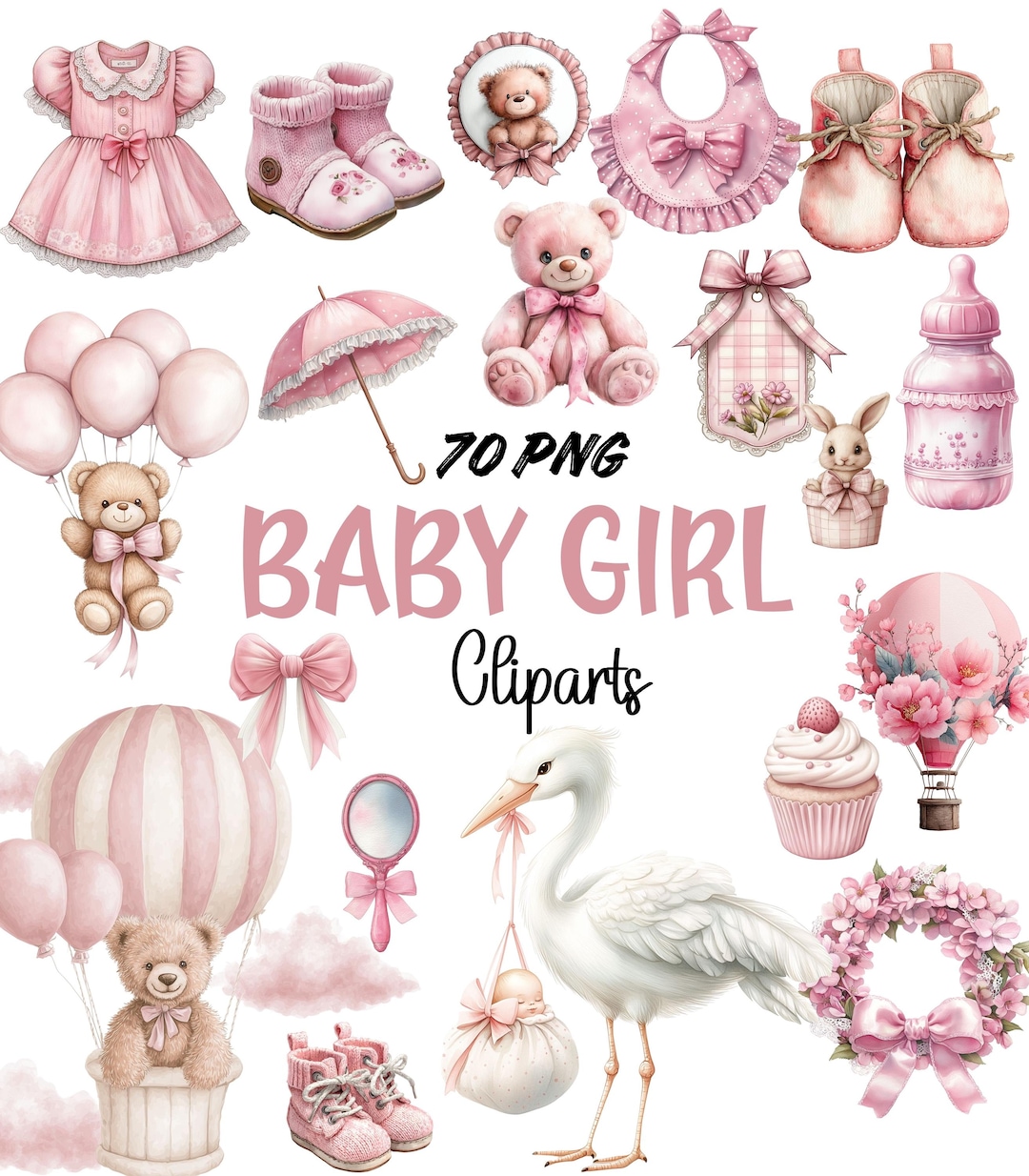 Baby Shower Girl Pink Clipart Bundle PNG , Watercolor Nursery Graphics ...