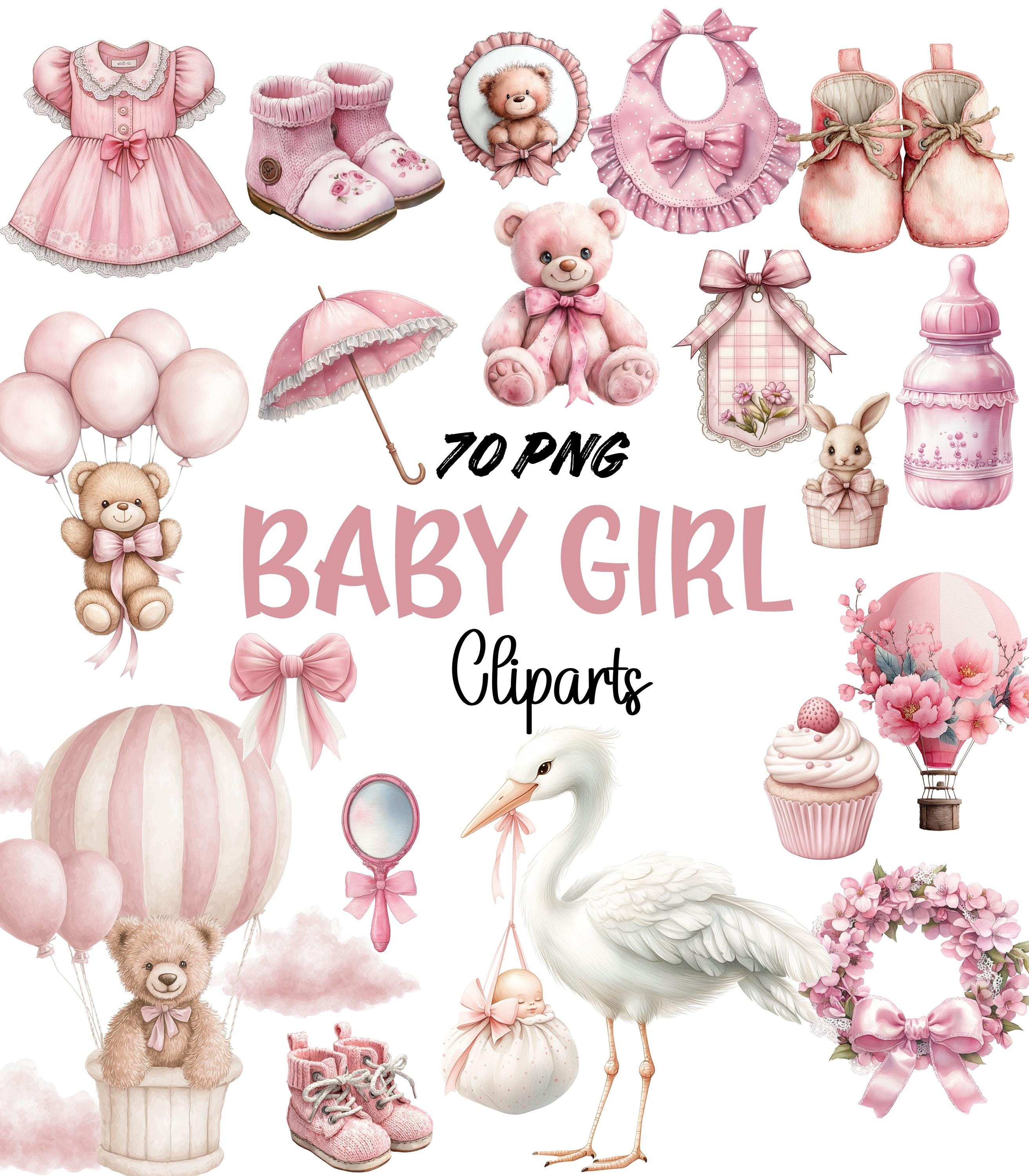 Baby Shower Girl Pink Clipart Bundle PNG , Watercolor Nursery Graphics ...