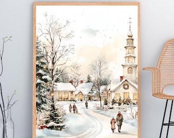 Christmas Village Print, digital download, Cityscape Print | Christmas tree wall,  holiday decor,christmas town print, cottagecore decor,