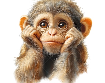 16 Cute Baby Monkey Clipart PNG Bundle | Big-eyed jungle animal sublimation graphics | Sad cartoon monkey art to print