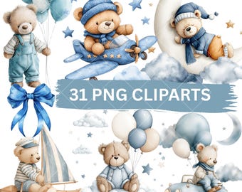 Könnte beinhalten: Aquarell-Clipart-Set mit Teddybären in verschiedenen Szenen. Die Bären werden mit Luftballons, in einem Flugzeug, auf einem Mond, in einem Boot und in einem Auto dargestellt. Der Text "31 PNG CLIPARTS" ist in einem blauen Banner.