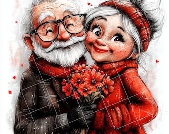 Valentine Old Couple Clipart,  Seniors Love Art, 28 JPG Set, Romantic Gift Illustration, Anniversary Printable