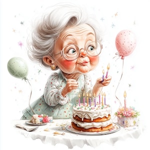 Nonna carina dei cartoni animati che soffia sulle candeline della torta di compleanno / 20 clipart JPG / Illustrazione divertente di celebrazione per donne anziane / Download digitale