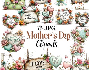 Puede incluir: Una colección de imágenes prediseñadas para el Día de la Madre. Las imágenes incluyen arreglos florales, diseños en forma de corazón y letreros de madera con mensajes como "Feliz Día de la Madre" y "Te amo mamá". La paleta de colores presenta tonos pastel suaves y efectos de acuarela.
