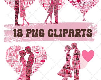 Romantic Couple Clipart Set 18 PNG, Love Silhouette Illustrations, Valentine Heart Art, Wedding Printable Graphics,  PNG Bundle