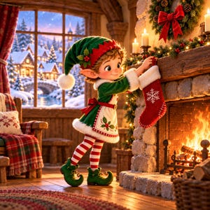 Op de afbeelding: Een cartoon elf-figuurtje met een groene muts met witte pompon, een groene jurk met een wit schort met hulstbessen en rood-wit gestreepte leggings. De elf hangt een rode kous met een witte sneeuwvlok aan een stenen open haard.