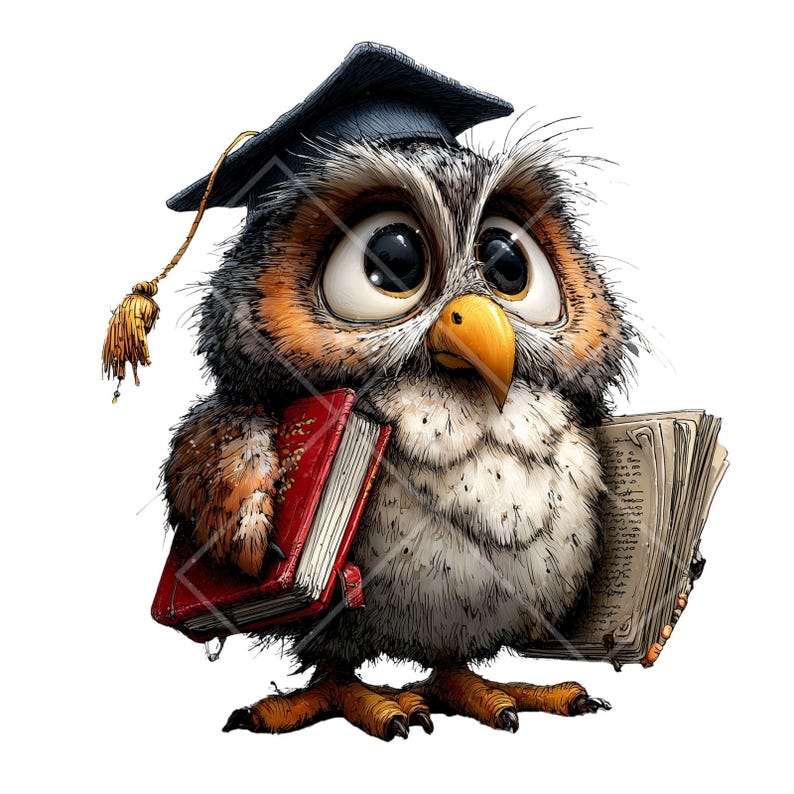 May include: A cartoon owl wearing a graduation cap and holding two books. The owl has large, expressive eyes, a yellow beak, and brown, white, and orange feathers. One book is red, and the other is open with visible text.