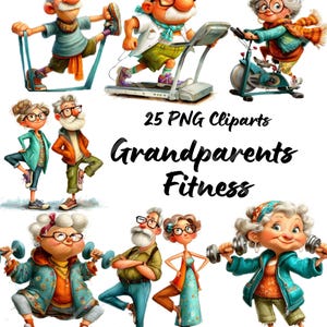 Könnte beinhalten: Digitale Illustration von Cartoon-Großeltern beim Training. Das Bild enthält den Text "25 PNG Cliparts Grandparents Fitness". Die Großeltern werden mit Trainingsgeräten und Gewichten dargestellt.