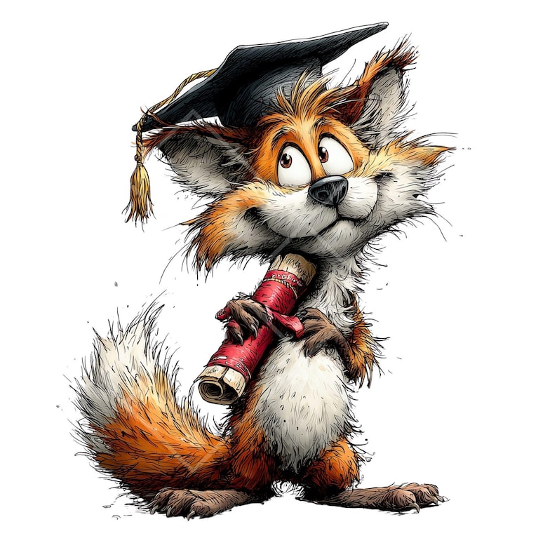 May include: A cartoon illustration of a fox wearing a graduation cap and holding a diploma. The fox has orange and white fur, a black cap with a gold tassel, and a red diploma. The fox is smiling.