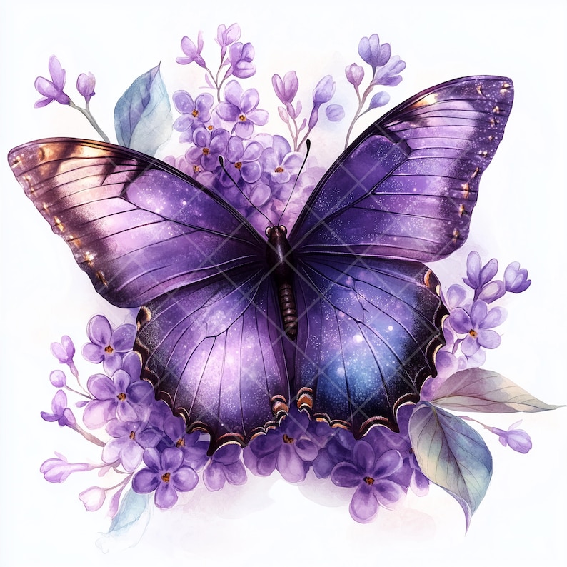Purple Butterfly Watercolor Clipart: Sparkling Wings, Floral