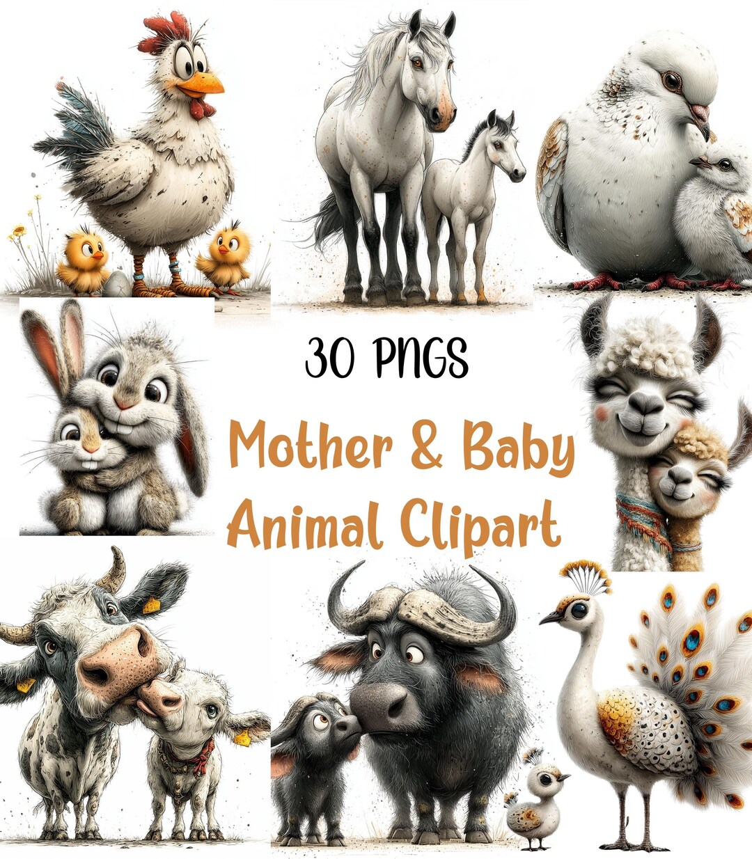Mother and Baby Animal Clipart Bundle 30 JPG Farm Wildlife Safari ...