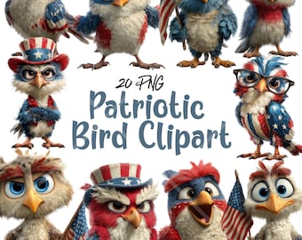 Patriotic Owl and Bird Clipart Bundle PNG, Funny American Birds, 4th of July Independence Day Digital Download