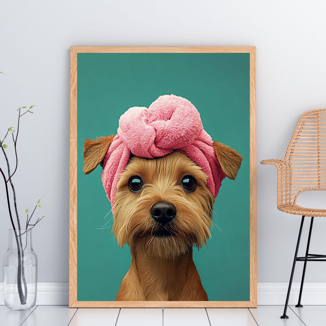 Funny Dog in Towel Turban Art Print: Quirky Bathroom Decor (digital ...