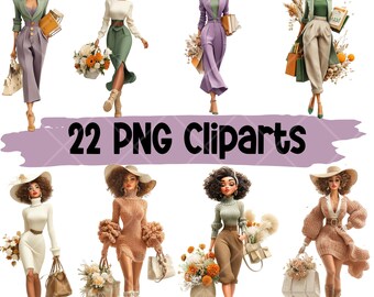 22 Afro American Fashion Girl PNG, Stylish Black Woman Clipart Bundle, Modern Digital Download for Stickers, T-Shirts, Planners, Crafts