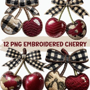 Può includere: Motivi di ciliegie ricamate con fiocchi a quadretti. Le ciliegie sono di un rosso intenso, con dettagli strutturati. I fiocchi sono a scacchi bianchi e neri. L'immagine include il testo "12 PNG EMBROIDERED CHERRY".