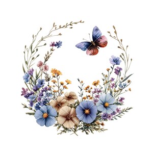 Cerchio di fiori selvatici ad acquerello – 10 clipart PNG con fiori di prato colorati in una delicata composizione botanica
