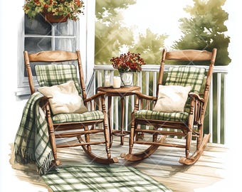 Watercolor Rocking Chair Clipart: Cozy Porch Illustrations (JPG Digital Download)
