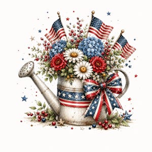 Pode incluir: Ilustra&ccedil;&atilde;o em aquarela de um regador cheio de flores e bandeiras americanas. As flores s&atilde;o vermelhas, brancas e azuis, e o regador &eacute; decorado com uma fita patri&oacute;tica. Estrelas e bagas est&atilde;o espalhadas pela imagem.