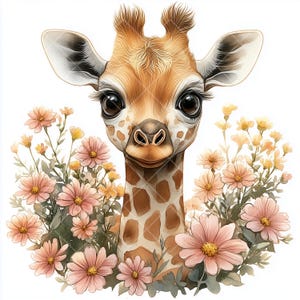 11 JPG bébé girafe clipart aquarelle, art animalier adorable, décoration murale de chambre d'enfant, illustration florale de girafe, conception de baby shower jungle