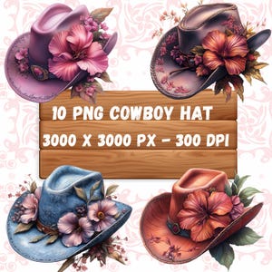 Set di clipart per cappello da cowboy floreale - 10 pezzi - Download digitale, stile occidentale, arredamento occidentale, tema cowgirl, arredamento floreale, selvaggio west,