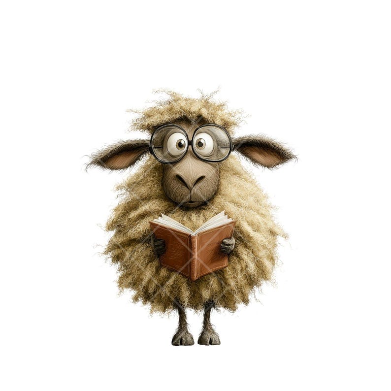 May include: A cartoon sheep wearing spectacles and reading a book. The sheep has light brown, fluffy wool and is holding a brown book with open pages. The sheep's spectacles are round and black-rimmed.