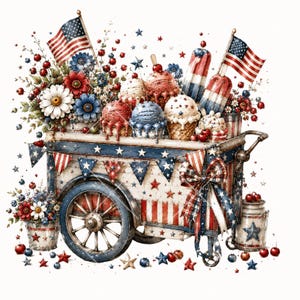 Pode incluir: Ilustra&ccedil;&atilde;o festiva de um carrinho de gelados decorado com bandeiras americanas, bandeirolas vermelhas, brancas e azuis e detalhes de estrelas. O carrinho est&aacute; cheio de cones de gelado, picol&eacute;s e flores, com cerejas e mirtilos espalhados.