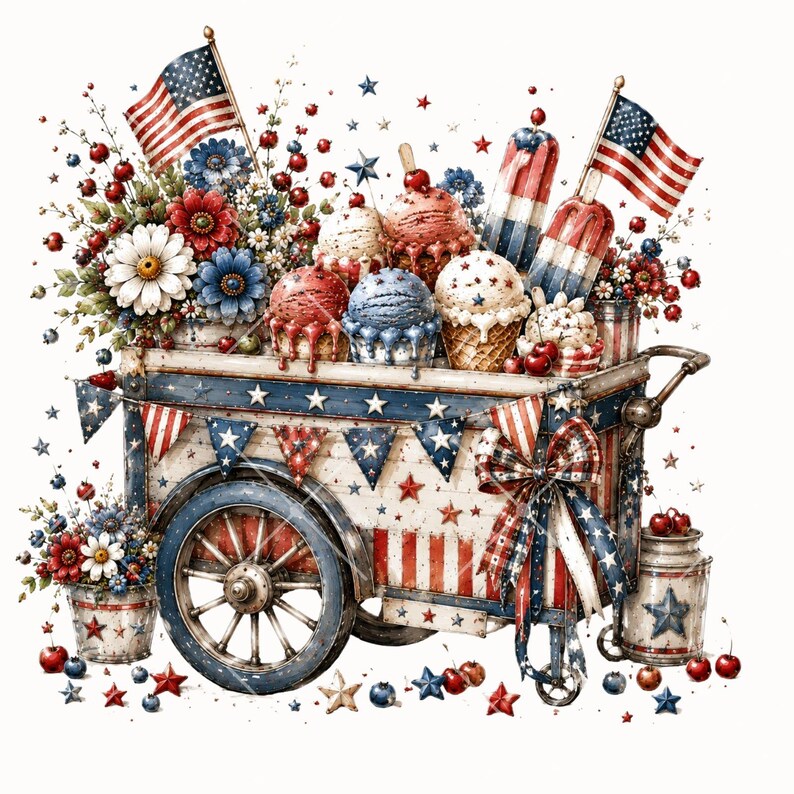 Pode incluir: Ilustra&ccedil;&atilde;o festiva de um carrinho de gelados decorado com bandeiras americanas, bandeirolas vermelhas, brancas e azuis e detalhes de estrelas. O carrinho est&aacute; cheio de cones de gelado, picol&eacute;s e flores, com cerejas e mirtilos espalhados.