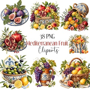 Può includere: Una collezione di 38 clipart PNG di frutta mediterranea che mostra vari arrangiamenti di fichi, melograni, uva, limoni e pesche disposti in ciotole di ceramica, cassette di legno, cesti di vimini e brocche con motivi blu e bianchi.