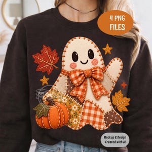 May include: A dark brown sweatshirt featuring a central graphic of a cream-coloured ghost with a stitched patchwork design, an orange gingham bow, and a small orange pumpkin. The design includes autumn maple leaves and stars with text 4 PNG FILES.