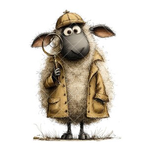 May include: A cartoon sheep detective, wearing a tan trench coat and hat, holding a magnifying glass. The sheep has a black face and large eyes, and stands on grass. The illustration has a whimsical, detective theme.