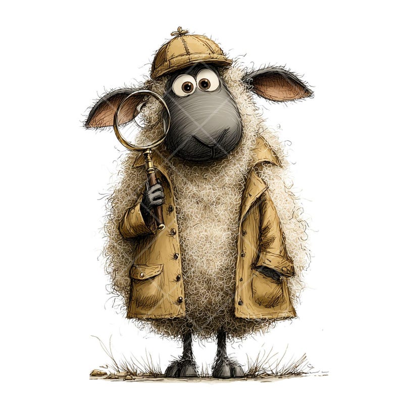 May include: A cartoon sheep detective, wearing a tan trench coat and hat, holding a magnifying glass. The sheep has a black face and large eyes, and stands on grass. The illustration has a whimsical, detective theme.