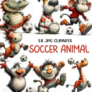 以下が含まれることがあります： サッカーをしている漫画の動物キャラクターのコレクション。ワニ、犬、猿、馬、ペンギン、トラ、キリンがそれぞれサッカーボールを持っています。テキストには「18 JPG CLIPARTS SOCCER ANIMAL」と書かれています。