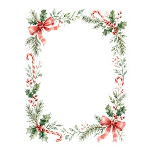 Puede incluir: Un marco decorativo rectangular compuesto por ilustraciones en acuarela que presentan ramas de pino verdes, hojas de acebo, bayas rojas, bastones de caramelo a rayas rojas y blancas y dos grandes lazos rojos en las esquinas opuestas.