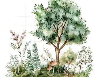 Watercolor Tree Clipart: Meadow Scene Illustrations (Digital Download)