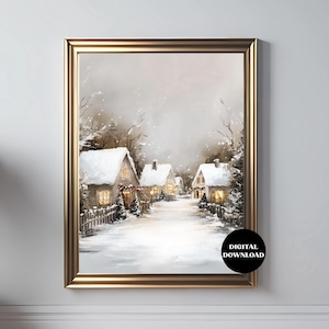 Winter Village Oil Painting: Snowy Christmas Scene, Holiday Home Decor (Digital Download)