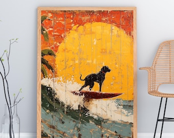 May include: A painting of a black dog surfing on a wave with a sunset in the background. The painting is on a wooden surface with a distressed look.