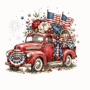 Pode incluir: Ilustra&ccedil;&atilde;o de um caminh&atilde;o vermelho vintage adornado com decora&ccedil;&otilde;es patri&oacute;ticas. O caminh&atilde;o carrega flores, uma cesta e bandeiras americanas. Um la&ccedil;o e uma grinalda patri&oacute;ticos adornam o caminh&atilde;o, com fogos de artif&iacute;cio e estrelas no fundo.