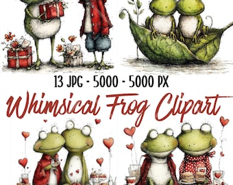 Whimsical Frog Clipart JPG, Cute Frog Couple Illustrations, Hand Drawn Cartoon Frogs, Funny Animal Art for Prints
